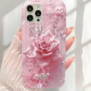 Transparent Crown Full Diamond Flower Tpu Anti-Drop Protective Phone Case, Fits Apple & Samsung Models, Perfect Gift for Women & Girls