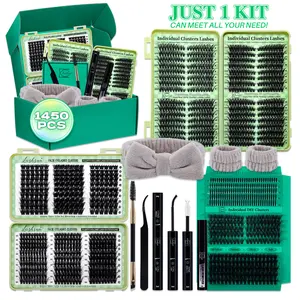 1450/640/460/350 PCS D Curl Lash Clusters Kit, 11 Styles Cat Volume Spikes and 3D Effect Lashes Eyelash Extensions with Bond and Seal Remover Applicator Headband and Wristband, Suitbale for Easy DIY Makeup at Home