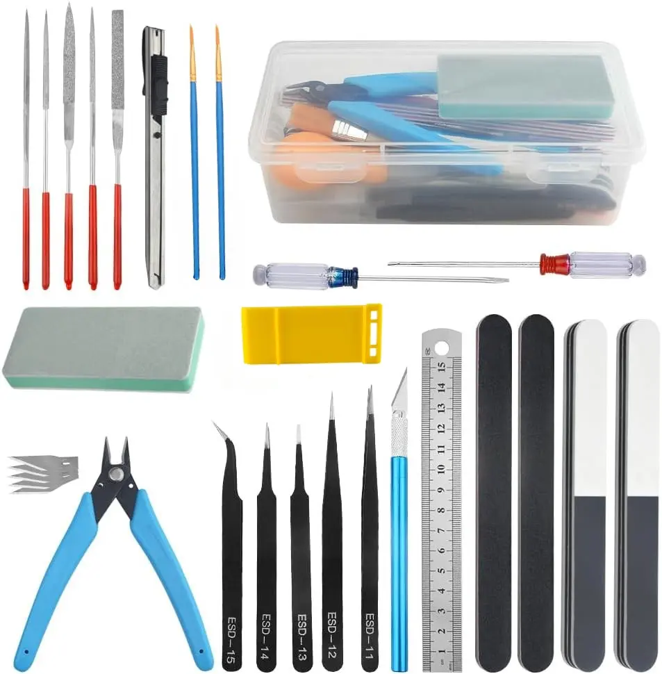 ProTechTrader Hobby Craft Model Tool and Paint Kit for Plastic Miniatures, Gundam Painting, Electronics Repair, 3D Printer and Printing Tools | 29 Piece Tool Set