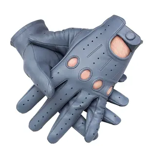 GRAY - Men’s Genuine Leather Full Finger Driving Gloves with Knuckle Holes & Snap Closure