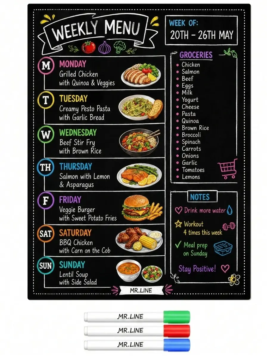 Magnetic Weekly Meal Planner for Fridge | Reusable Dry Erase Menu Board with 4 Chalk Markers, Grocery List & Kitchen Notepad Organizer, 15.6 x 11.6 in