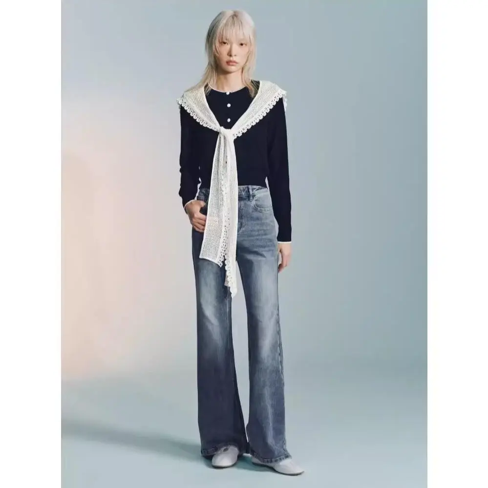 URBAN REVIVO 2026 Spring Women's Minimalist Basic Intellectual Style Fabric Cotton-Blend & Wool-Blend Long-Sleeve Cardigan with Lace Shawl, Basic Comfy Knitwear Top UYL960024, Basic Women's Cardigans