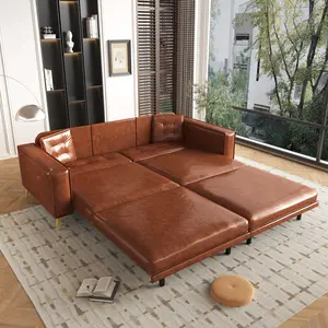 92.1"King Size Pull Out Sofa Bed,3-in-1 Faux Leather Convertible Sleeper Sofa with Ultra Wide Armrests,Tufted Modern Sofa,4-Seater Couch with 2 Pillows for Living Room,Light Brown(Old SKU:W1885S00209)    RR