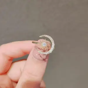 CZ Sun Moon Stackable Ring for Women Adjustable Clear Gems Crescent Celestial Open Band Finger Rings Comfort Fit Chic Sparkling Holiday Wedding Party Jewelry