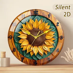 Wooden/safety Glass Quartz Clock Set, Sunflower Pattern Wooden Wall Clock, Battery Operated (no Batteries Included), Home Decor Gift