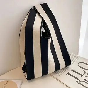 【Local Delivery】Maxoner Fashionable Chic Striped Knitted Handbag - Versatile Casual Bag & Adorable Wristlet, Vintage Crochet Design for Stylish Women Purse Durable Clutch Folding Travel Trendy Polyester