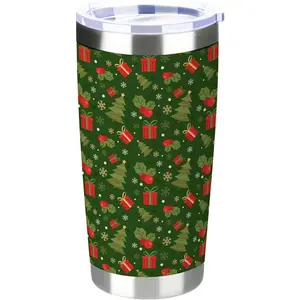 20 oz Insulated Tumbler, Merry Christmas Tumbler with Lid and Straw, Green Christmas Tree Mistletoe Coffee Mug Cup, Christmas Gift for Dad Mom Family Friends