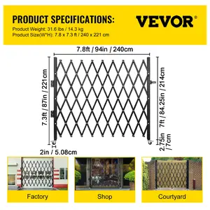 VEVOR Single Folding Security Gate, 6-1/2\' H x 7-1/2\' W Folding Door Gate, Steel Accordion Security Gate, Flexible Expanding Security Gate, 360° Rolling Barricade Gate, Scissor Gate/Door with Padloc
