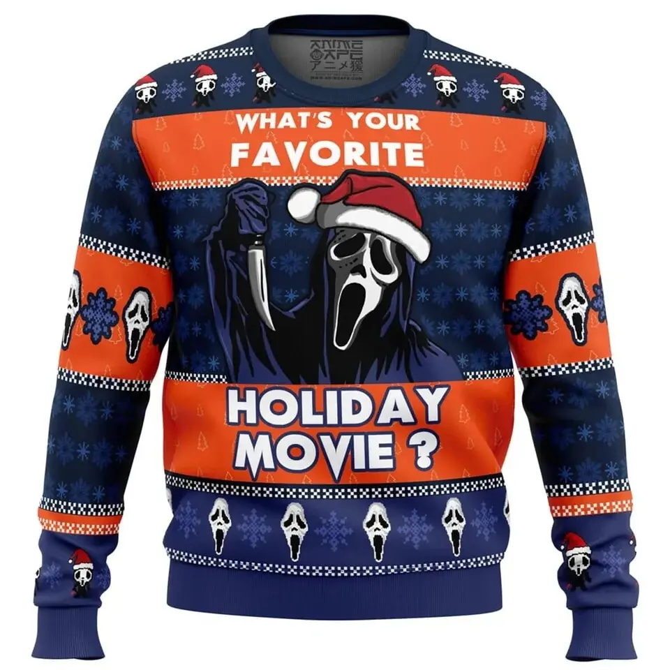 Ghostface Santa Hat Ugly Christmas Sweater 3D Halloween Horror Movie Holiday Sweatshirt Funny Scary Killer Streetwear Casual Warm Oversized Comfy Gift For Men Women Winter Fall Fashion Top