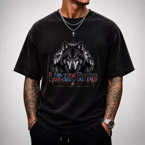 Vintage Washed Streetwear T-Shirt – LUMEN ROAD Wolf Graphic Tee, Acid Wash Oversized Cotton Shirt