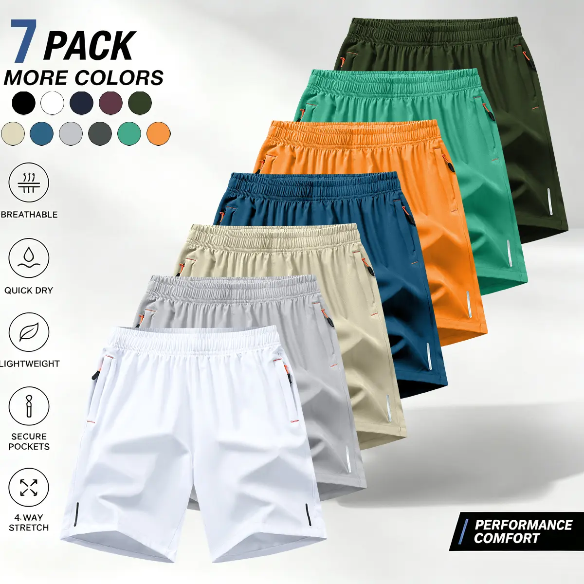 Set of 7 men’s solid-color shorts—suitable for sports, fitness, and running—with zippered pockets. Summer casual style, comfortable and breathable, made from polyester fabric; ideal for everyday wear—men’s bottoms. quick drying short