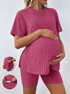 Maternity Two-Piece Set, Summer Comfortable Casual Versatile Loose Stretch Pink Maternity Suit