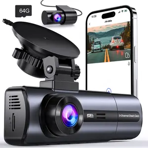 3 Channel 4K WiFi Dash Cam, 4K/2.5K+1080P+ 1080P HD Front Inside and Rear, Triple Dash Camera with 64GB Card, APP Control, G-Sensor, 24 Hours Parking Mode, Car Loop Recording, Night Vision
