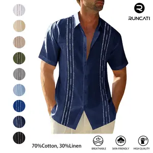 Runcati Men's 70% Cotton, 30% Linen Short Sleeve Guayabera Shirts Linen Cotton Button Down Mexican Embroidered Cuban Wedding Shirt Summer Beach Tops