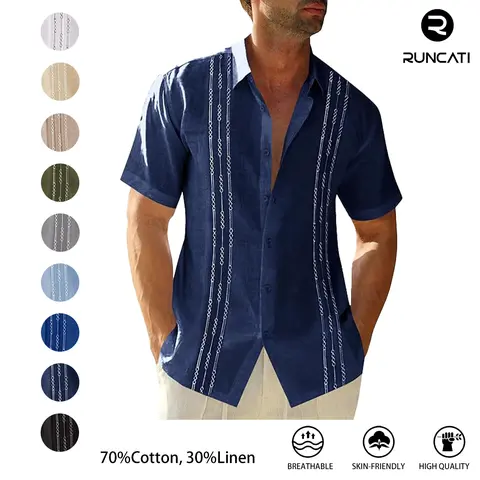 Runcati Men's 70% Cotton, 30% Linen Short Sleeve Guayabera Shirts Linen Cotton Button Down Mexican Embroidered Cuban Wedding Shirt Summer Beach Tops