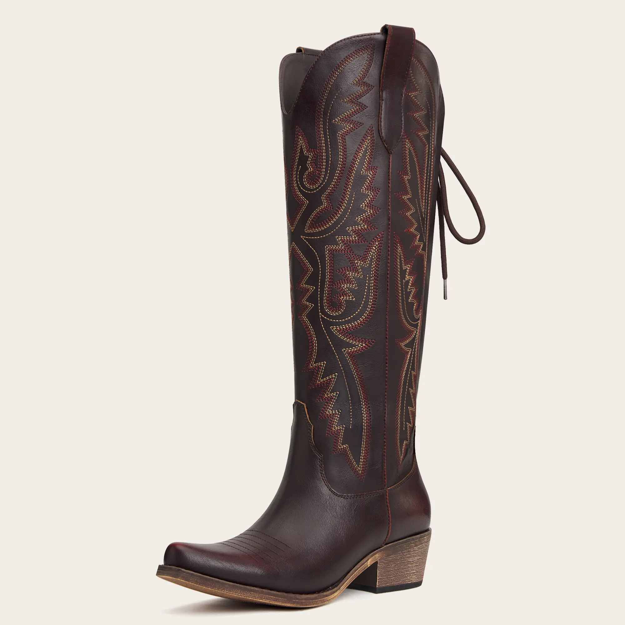 Women's Knee High Cowboy Cowgirl Boots with Flame-Shaped Embroidery Snip Toe Adjustable Back Tie Side Zipper Chunky Heel Design Women's Shoes