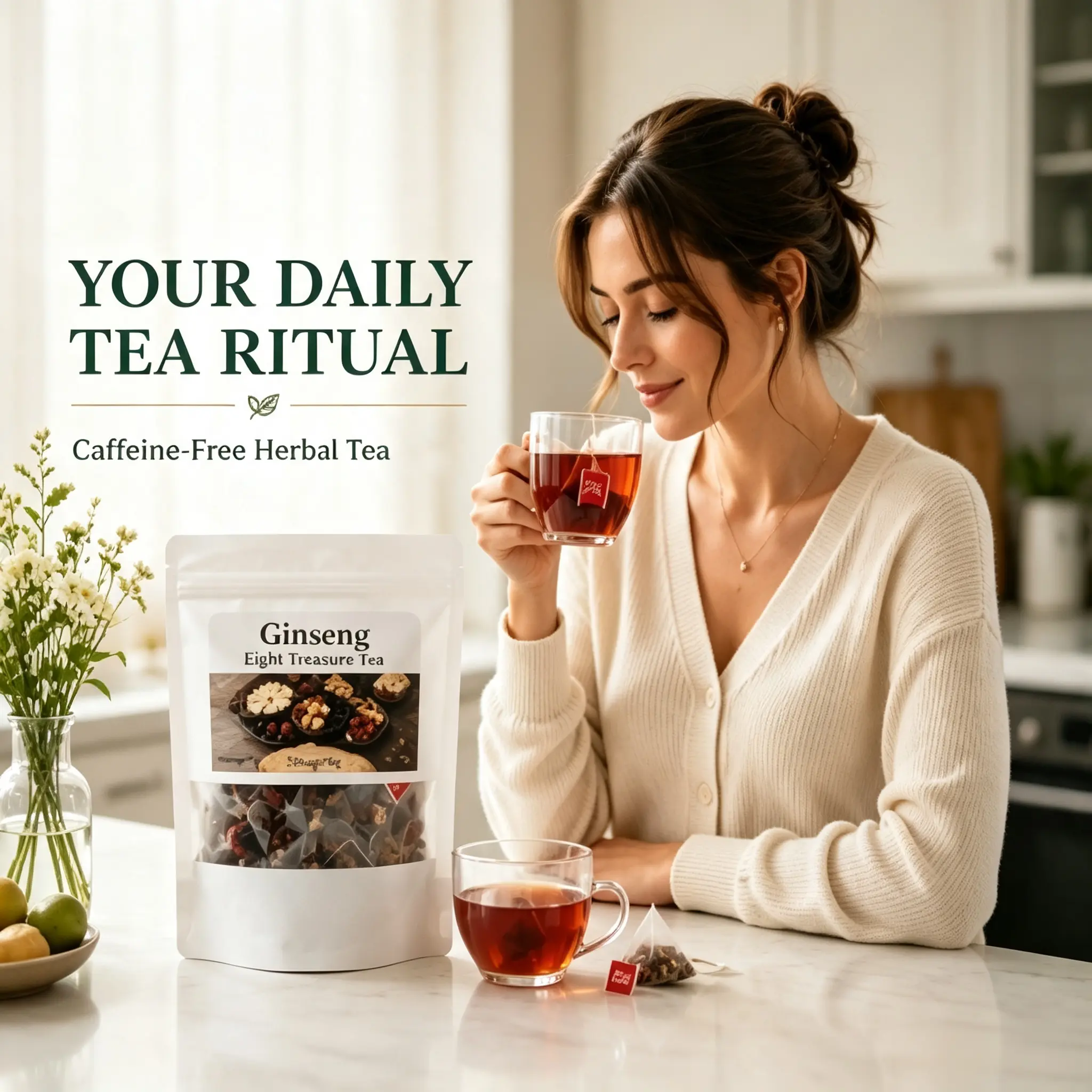 Ginseng Herbal Tea, Caffeine-Free Tea Bags with 8 Natural Ingredients, 30 Sachets, Hot or Cold Brew red date wolfberry woman beverage treasure reddate wolfberry gentle detox kidney support organic friend alkaline