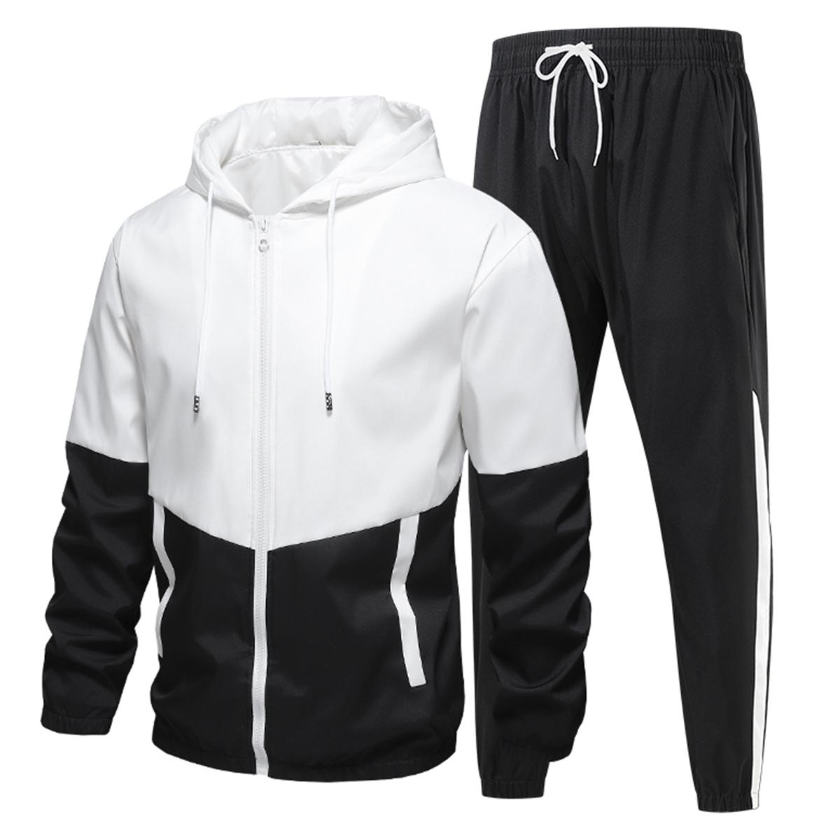 Men's Casual Hooded Jacket and Jogger Pants Set - Colorblock Design, Polyester Fiber, Machine Washable - Ideal for Spring and Autumn, Casual Style, Regular Fit, Spring and Autumn