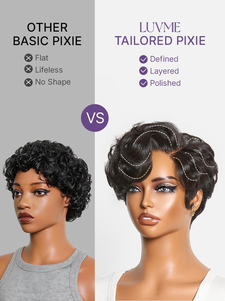 LUVME Short Pixie Cut Wig for Women, Glueless Pre-cut T-Part HD Lace Front, Natural Black Roll Curl Human Hair, Lightweight & Beginner Friendly, Pre-Cut Lace