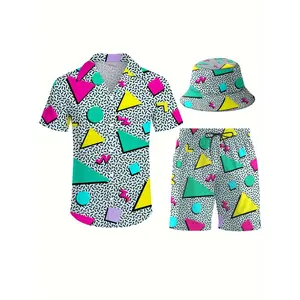 Men'S Three-Piece Vintage Beach Featuring a Geometric Design from The 80S And 90S, Including a Hawaiian-Style Sportswear Set with a Shirt, Beach Shorts, And a Bucket Hat Printed Tracksuit Print Casual