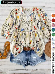 【Plus Size】 Ditsy Floral Print Notched Neck Blouse, Casual Bishop Sleeve Top for Summer, Women's Clothes for Daily Wear
