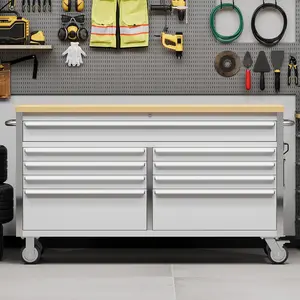 61 Inch Tool Chest, Tool Cabinet with 9 Drawers, Mobile Storage Cabinet with Locking System, Stainless Steel Material and Sturdy Structure, High Capacity for Home Workshop Kitchen and Garage.