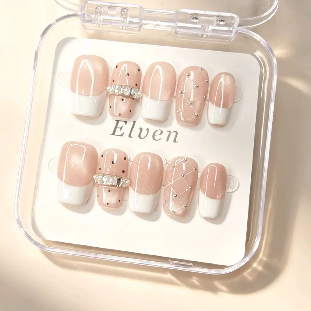 Handmade Nude Pink Press On Nails - Cat Eye French Tip with Polka Dot, Rhinestone & Wire Mesh, Short Square Reusable Fake Nails, Salon Quality