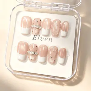 Handmade Nude Pink Press On Nails - Cat Eye French Tip with Polka Dot, Rhinestone & Wire Mesh, Short Square Reusable Fake Nails, Salon Quality