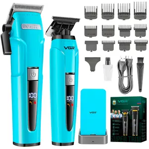 VGR 694S2 Professional Cordless Hair Clippers for Men with LED Display & Charging Base Barber Trimmers Set 2 Devices 11 Guide Combs USB Fast Charging Haircut Grooming Kit