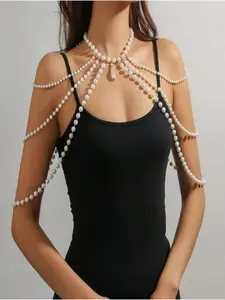 Elegant Pearl Cross-Braided Shoulder Chain, Luxurious Halter Body Scarf, Vintage Multi-Layer Pearl Necklace, Unique Design Jewelry