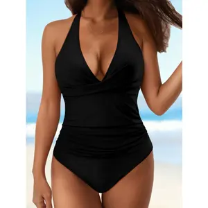Women's one-piece swimsuit with abdominal control, ruffled straps, push-up V-neck slimming swimsuit