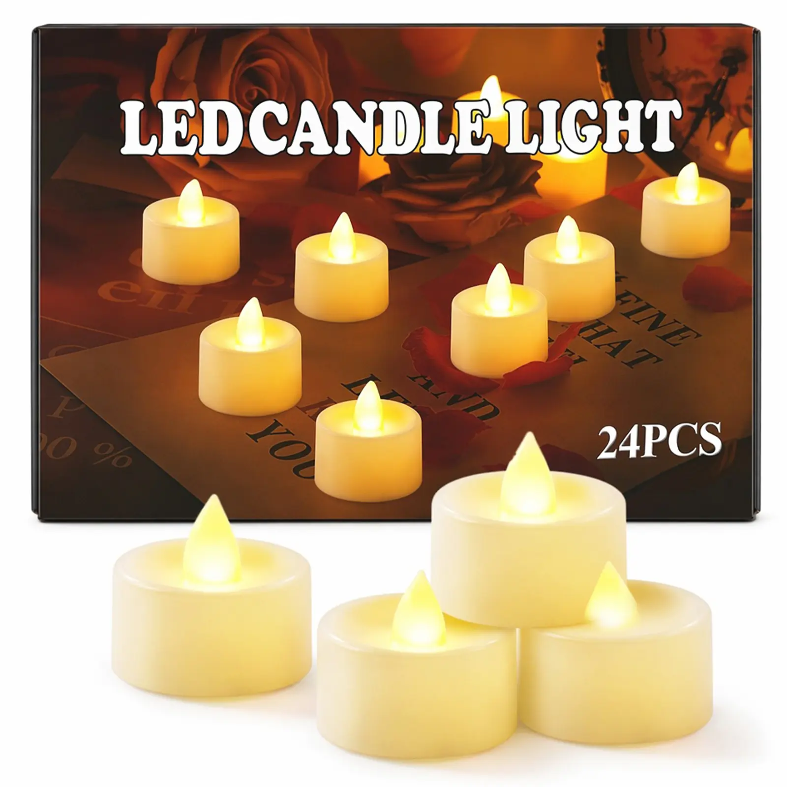 24-Pack Battery Operated LED Flameless Tea Candle Lights, Warm White Realistic Flickering Indoor Lighting, 200-Hour Long-Lasting Illumination, Easy Setup, Batteries-Included for Valentine's Day, Children's Day Decor, Valentines Day