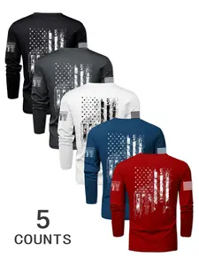 Men's 5-Piece Crew Neck Flag Print Long Sleeve T-Shirt Set, Casual Fitted Breathable Fabric, Ideal for Spring & Fall Outdoor Sports, Athletic Sports Clothing