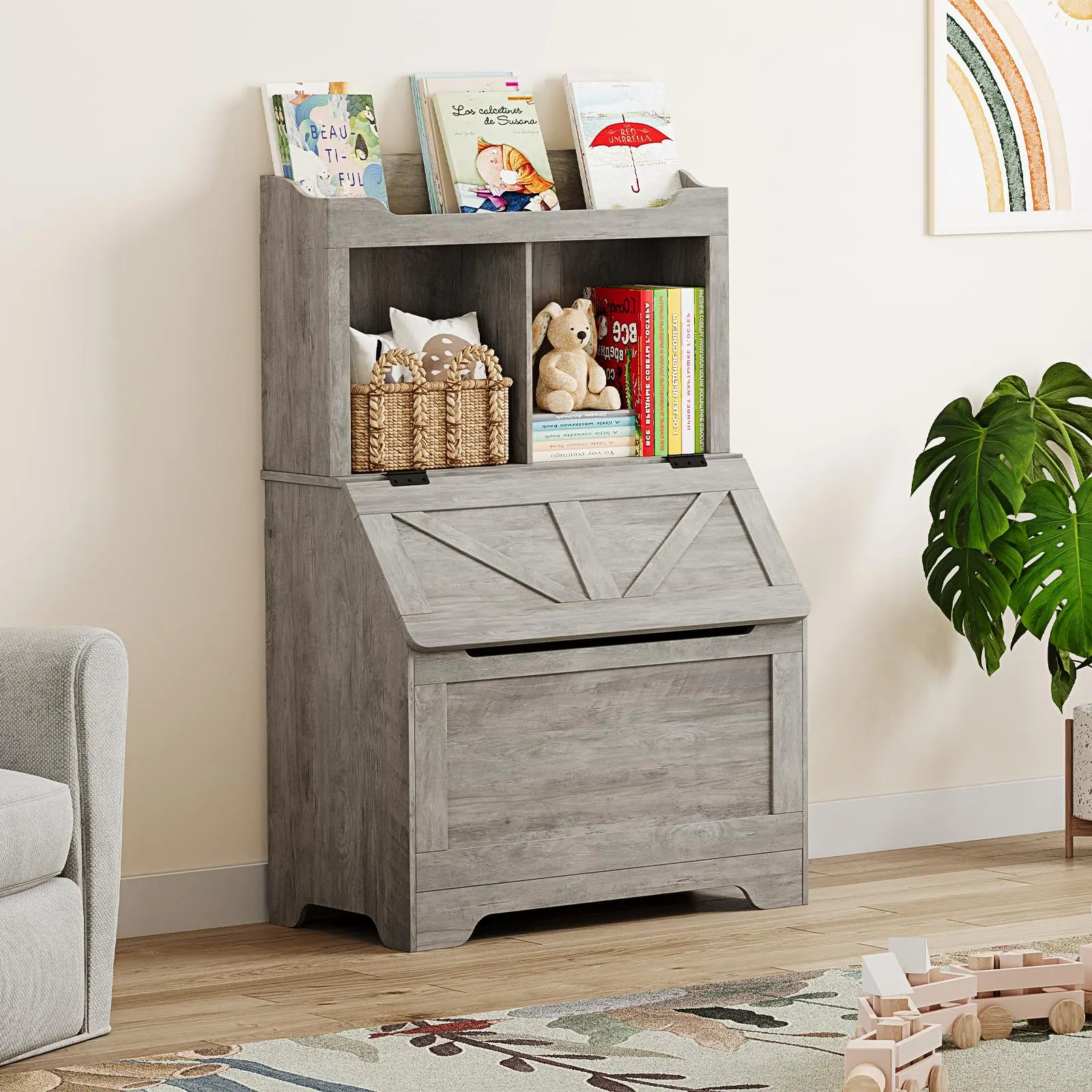 Children's Book Stand, Children's Book Stand, Toy Storage Cabinet for Boys and Girls, Toy Storage Organiser for Children, Large Wooden Toy Box with Lid for Nursery (Grey)