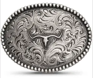 Steer Skull Belt Buckle | Hand Engraved German Silver Base With Antique  | German Silver Beaded Edge | Steer Skull Logo