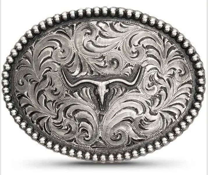 Steer Skull Belt Buckle | Hand Engraved German Silver Base With Antique  | German Silver Beaded Edge | Steer Skull Logo