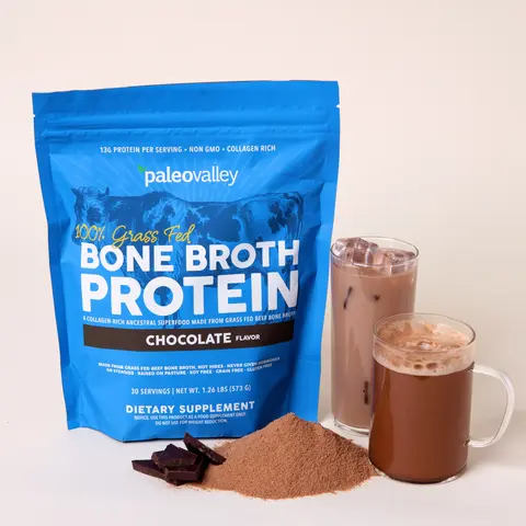 Paleovalley 100% Grass Fed Bone Broth Natural Dietary Supplement - 15g per Serving, Collagen Boosting for Skin Care, Gut, Bone & Joint Support - Gluten-Free, GMO-Free - 30 Servings, Protein Shake Ingredient, Better for You, Grass‑Fed Broth