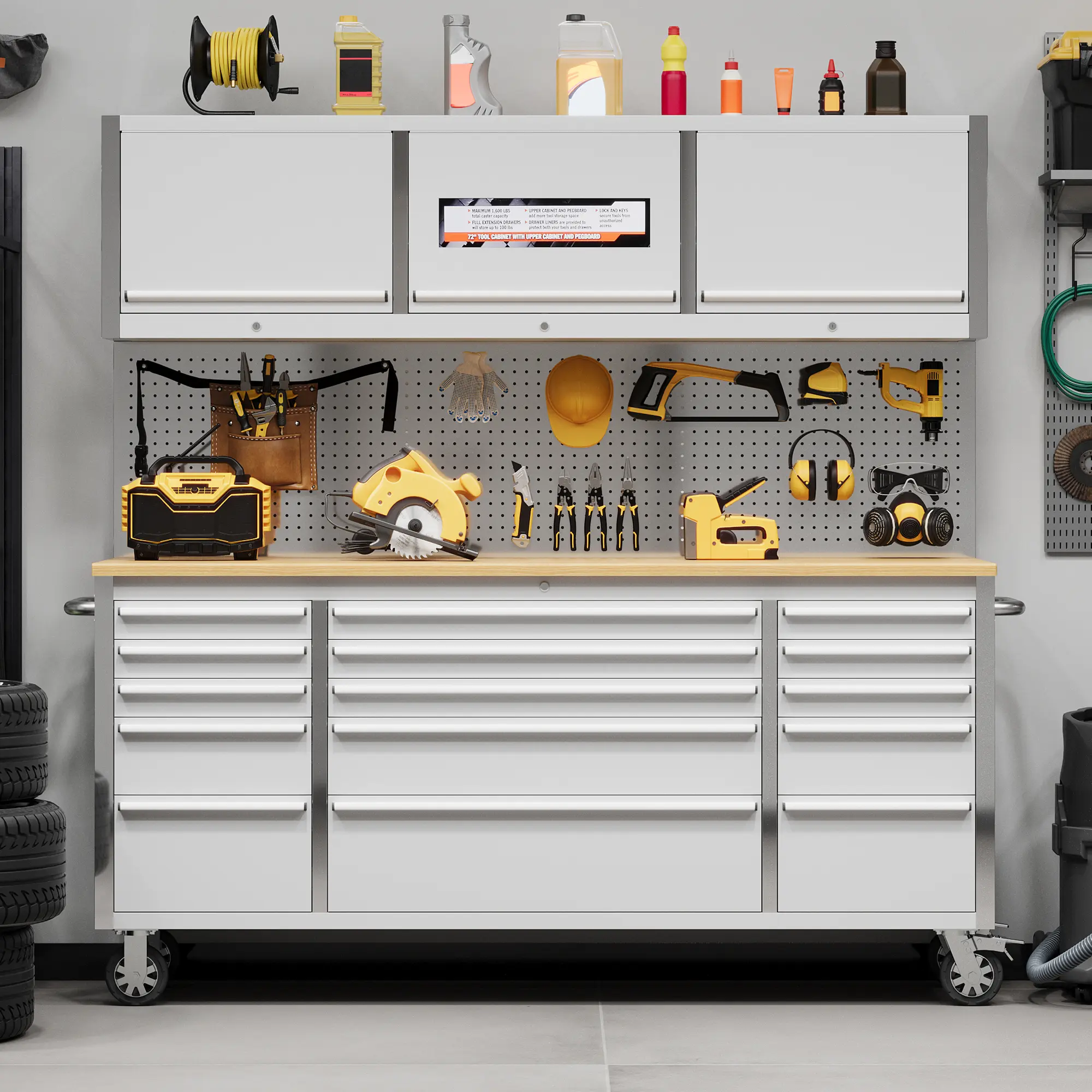 61 Inch Heavy Duty Workbench with Drawers – Industrial Garage Work Table, Solid Rubberwood Top & 10‑Drawer Steel Cabinet – Lockable Workshop Organizer
