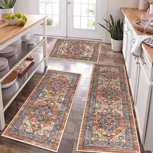 Kitchen Rugs Sets of 3, Non Slip Kitchen Runner Rug, Machine Washable Kitchen Floor Mat with Rubber Backing, Boho Carpet Throw Rugs for Hallways, Laundry Room, Farmhouse, Holiday Decor, red