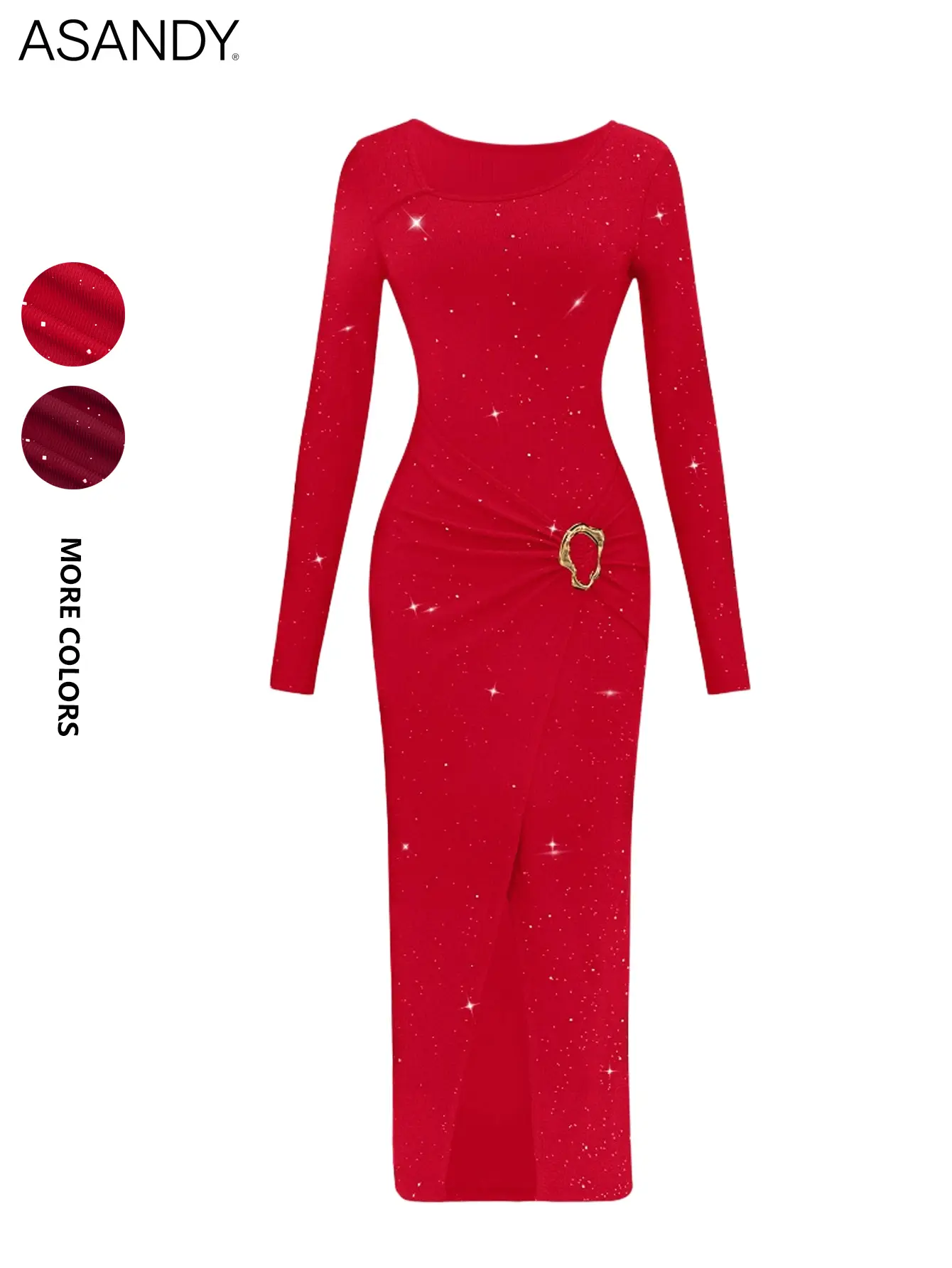 ASANDY Women's Glitter Midi Bodycon Dress - Valentine's Day Chic Cocktail Dress with Crew Neck, Long Sleeves, Ruched Fabric, Front Slit, Flattering Fit for Wedding Guest & Dinner