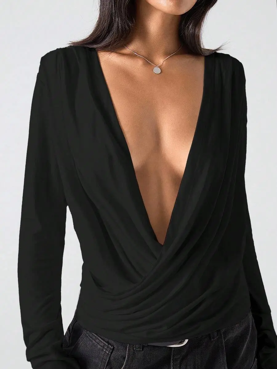 INAWLY Women's Solid Color Long Sleeve Plunging Neck Fashionable Versatile Sexy Blouse