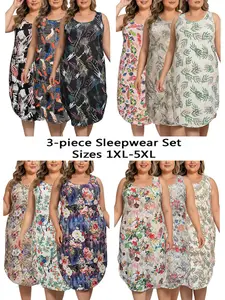 Women's Plus Size Pajama Sets, 3-Pack Sleeveless Heart & Boho Floral Sleepwear Nightgowns, Curvy Fit Breathable Loungewear Dresses 1XL-5XL All Seasons, Fashion Clothes Flash Sale For Women Womenswear Bohemian