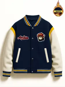 Men's Winter Warm Bear Baseball Jacket, Vintage American Style Sporty Coat, College Wind Outerwear, Casual Fitted Woven Fabric