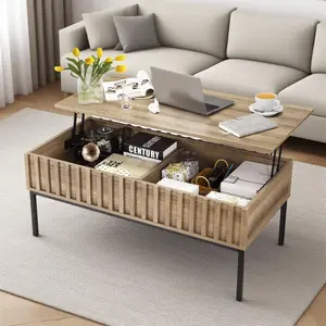 【GARVEE】- Mesa de Centro con Compartimento Oculto, Moderna Mesa de Centro con Almacenamiento, Mesa Central de Madera estriada para Sala de Estar, recepción, Color Teca