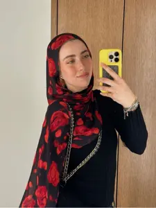 Elegant Women's Rose Print Scarf Shawl, 180x85cm, Polyester Knit Pattern, Hand Washable, Muslim Fashion Accessory, Head Scarf