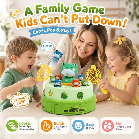 Unisex Kids' Frog Animal Bounce & Catch Board Game Toy - Musical Spinning Launcher, 2 Play Modes (Round Spin, Launch Board), Sticker, 3-4 Years+, 7×2.75×5.5in Cool Gifts for Kids, Stocking Stuffers for Boys & Girls (Game Night, Birthday)