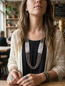 NEW Women’s Long Mocha Taupe Satin Tie Necklace With Clear Brown Bead Strands, Boho Chic Draped Statement Fashion Jewelry  WN45