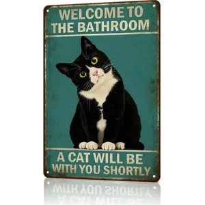 Cat Lovers Gifts Welcome To The Bathroom A Cat Will Be with You Tin Sign for Bathroom Toilet Decor 8 X 12 Inch Decorative Plaque High-Quality Tin Easy to Hang