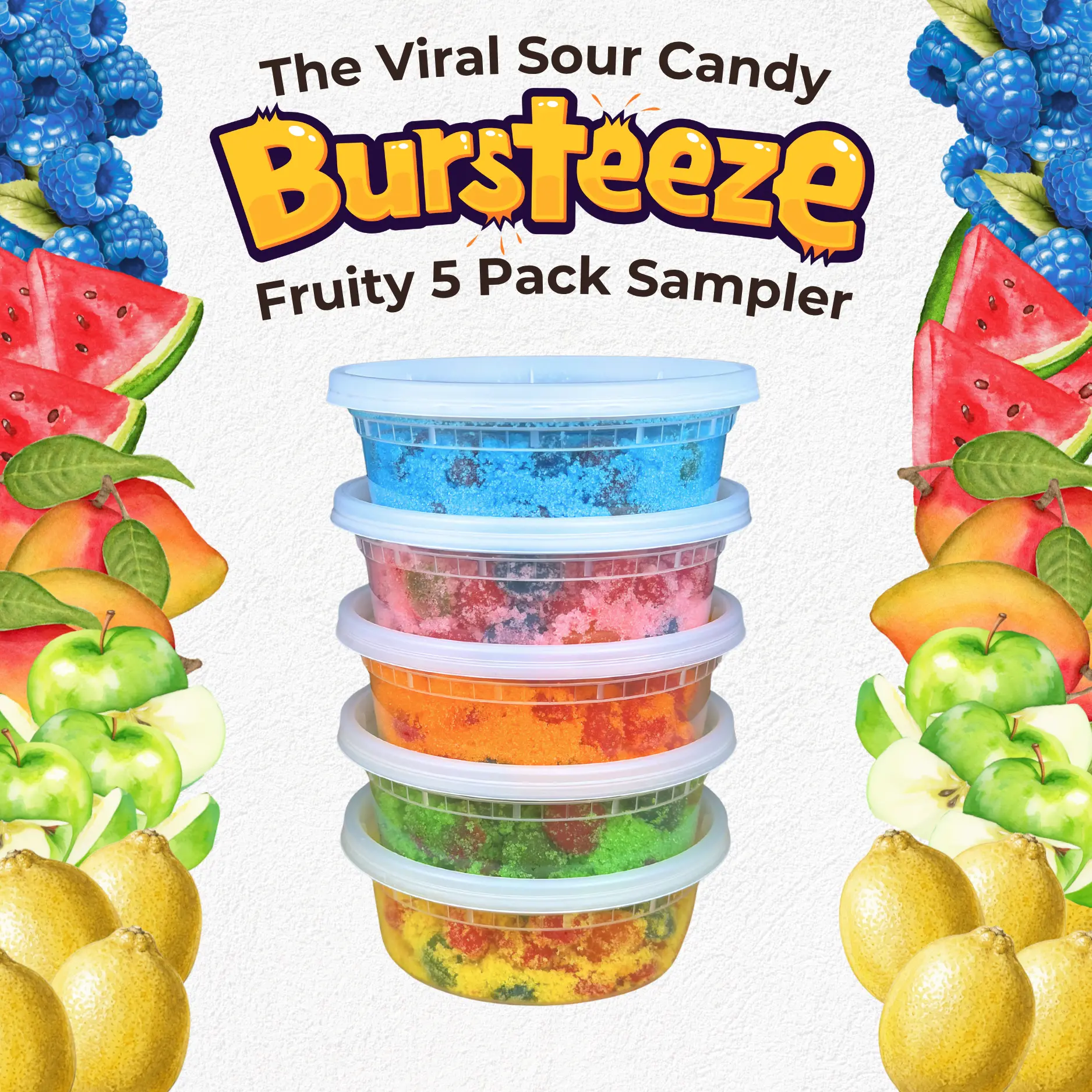 Candeeze Bursteeze Fruity Sampler Pack (5 Tubs) - TikTok Trending Candy - Blue Raz Mango Watermelon Green Apple Lemon Flavors - Sour Candy