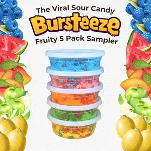 Candeeze Bursteeze Fruity Sampler Pack (5 Tubs) - TikTok Trending Candy - Blue Raz Mango Watermelon Green Apple Lemon Flavors - Sour Candy